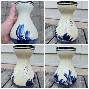 Vtg Blue Delft Pottery Vase 6" Holland Windmills Sailboat